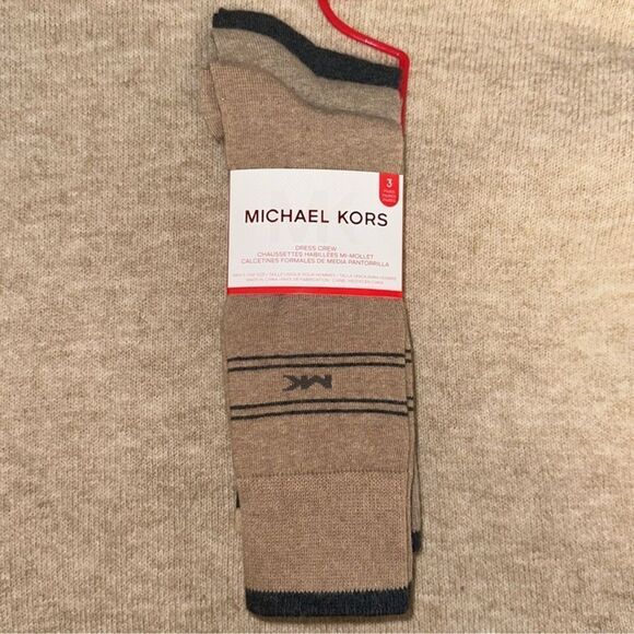 MK Men’s 3 pack Taupe Heather Gray Tan Ivory Cotton Blend Dress Crew Socks - Picture 1 of 10